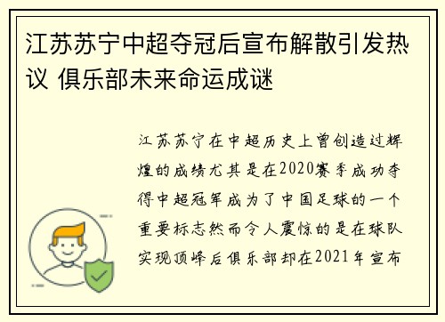 江苏苏宁中超夺冠后宣布解散引发热议 俱乐部未来命运成谜